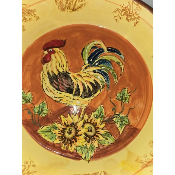 Orange Rooster Large Round Serving Bowl w/Handles Acorn/Leaf Pattern Vintage - Picture 3 of 6